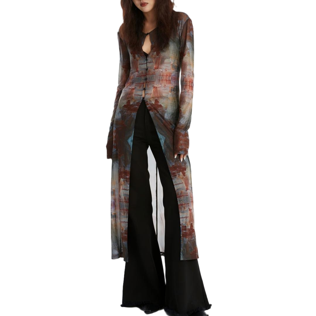 Vintage Print Sheer Tie-Waist Maxi Kimono - view 3