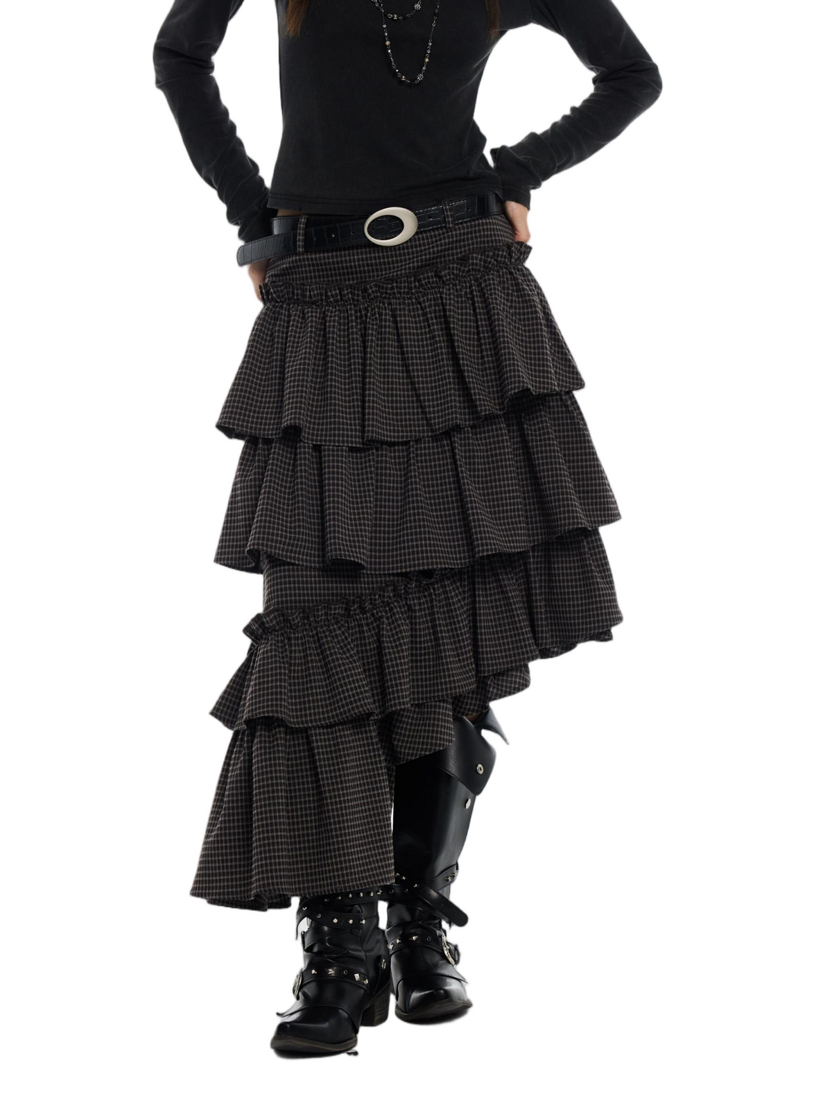 Vintage Plaid Asymmetric Hem Tiered Midi Skirt - view 2