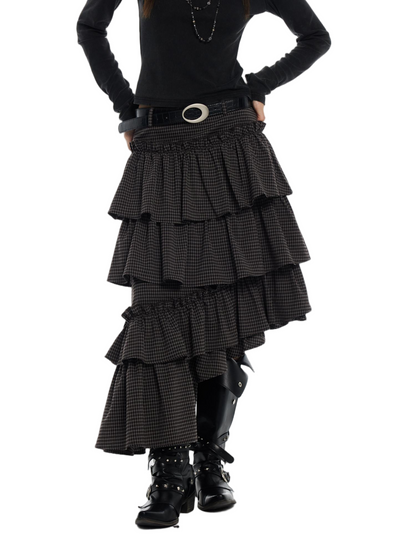 Vintage Plaid Asymmetric Hem Tiered Midi Skirt - view 2