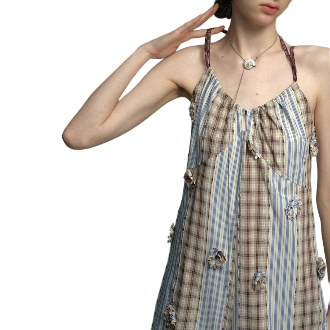 Floral Appliqué Gingham Tiered Slip Dress - view 2