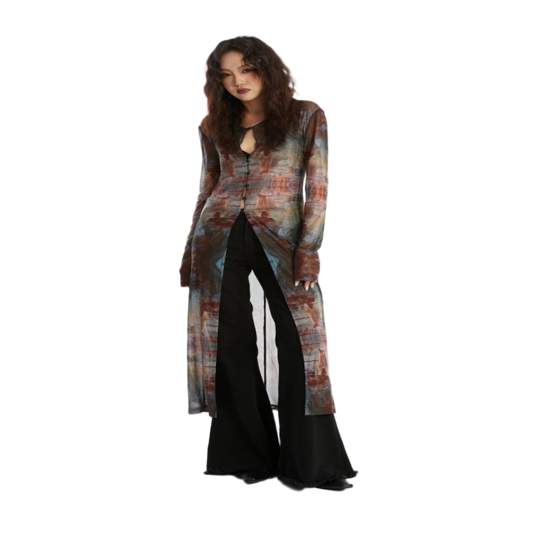 Oil Painting Print Sheer Longline Kimono Cover-Up - view 3