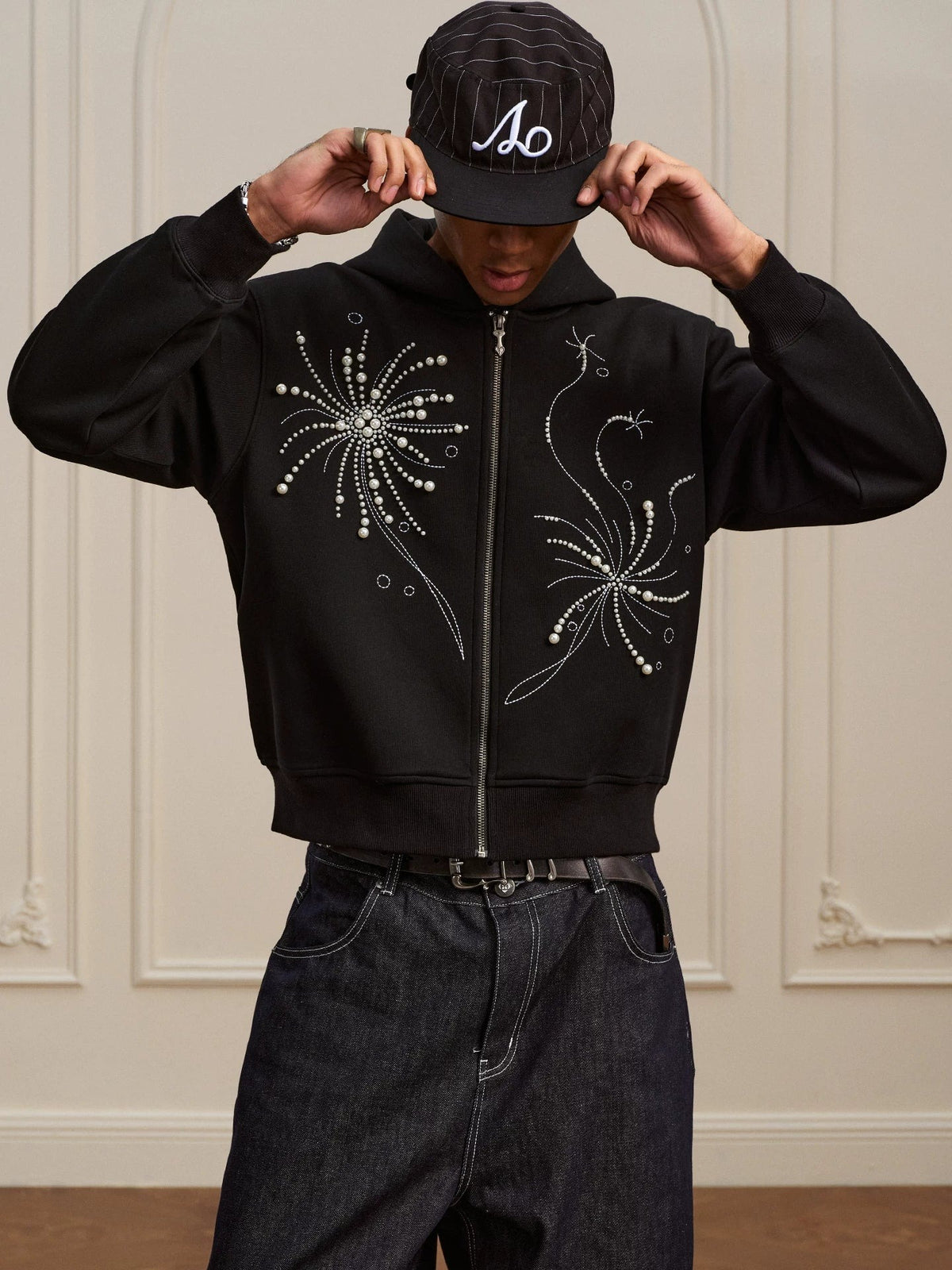 Pearl Embroidered Zip Hoodie black pearl detail