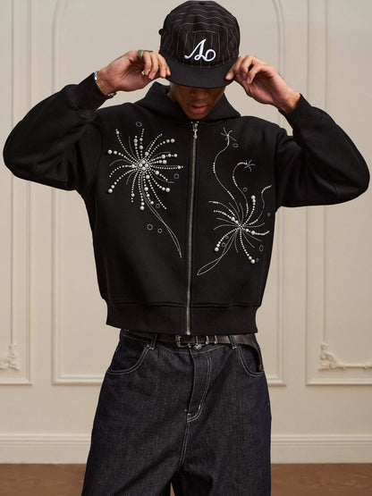 Pearl Embroidered Zip Hoodie black pearl detail