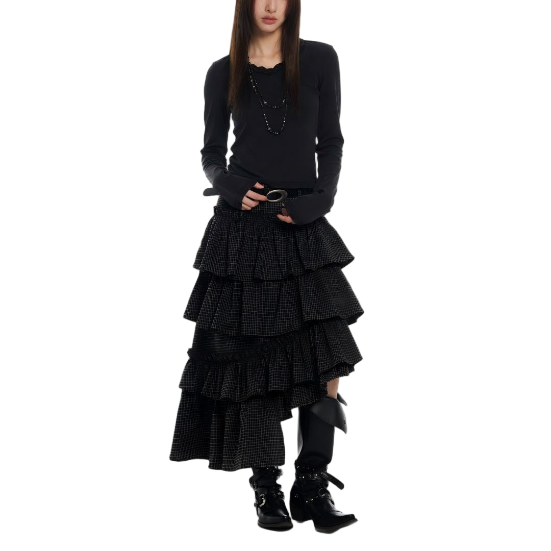 Vintage Plaid Asymmetric Hem Tiered Midi Skirt - view 3