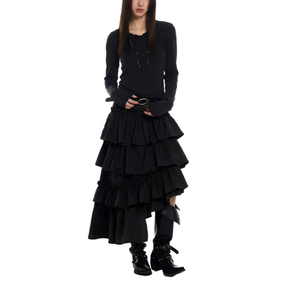 Vintage Plaid Asymmetric Hem Tiered Midi Skirt - view 3