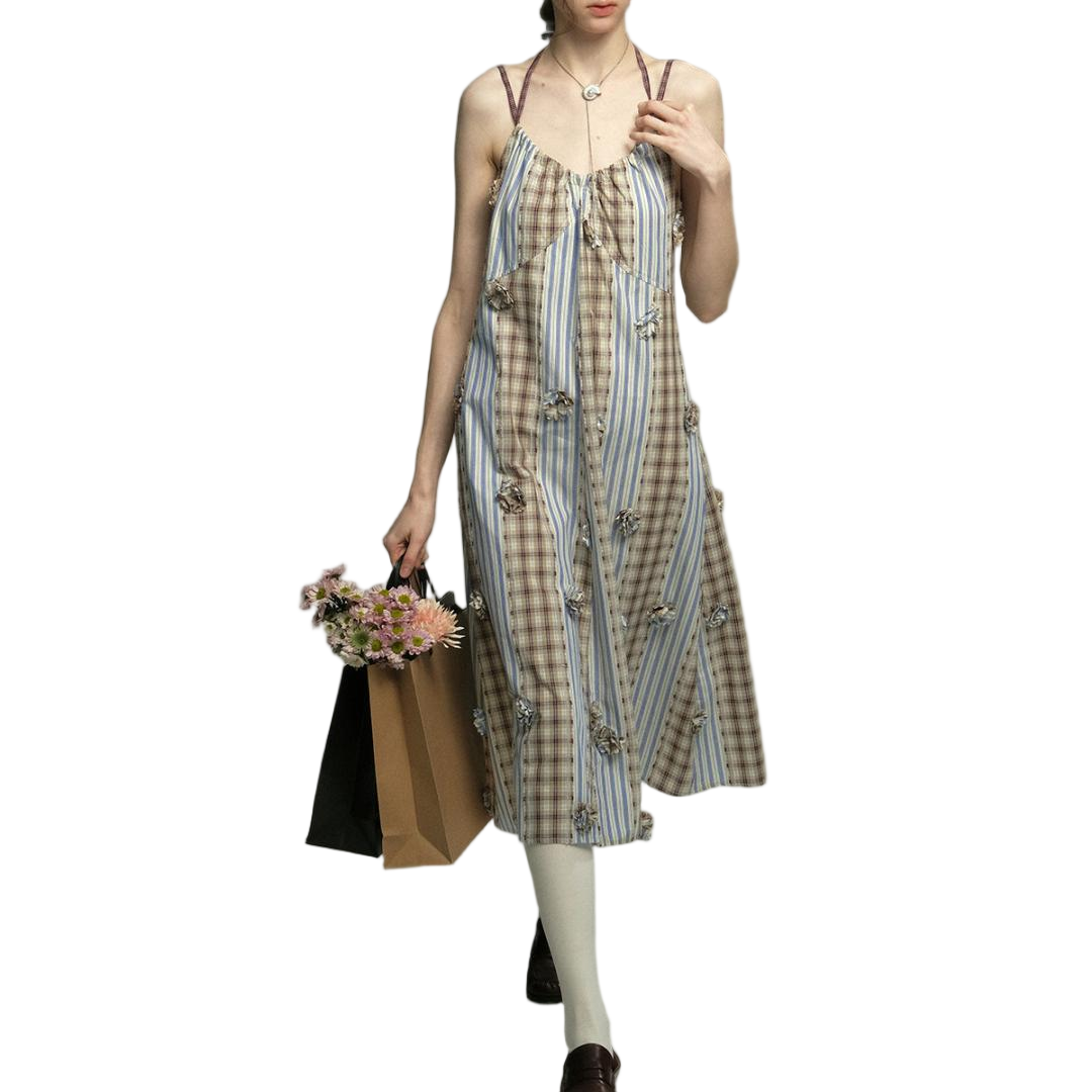 Floral Appliqué Gingham Tiered Slip Dress - view 3