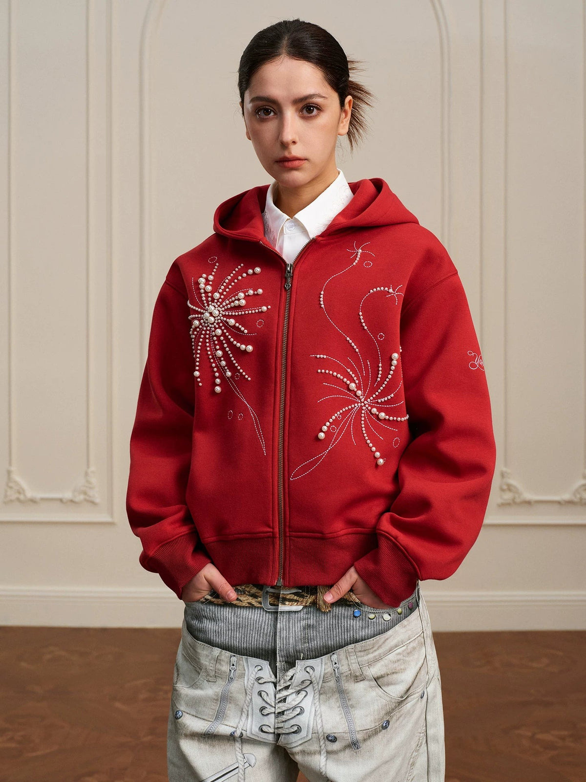 Pearl Embroidered Zip Hoodie red female model