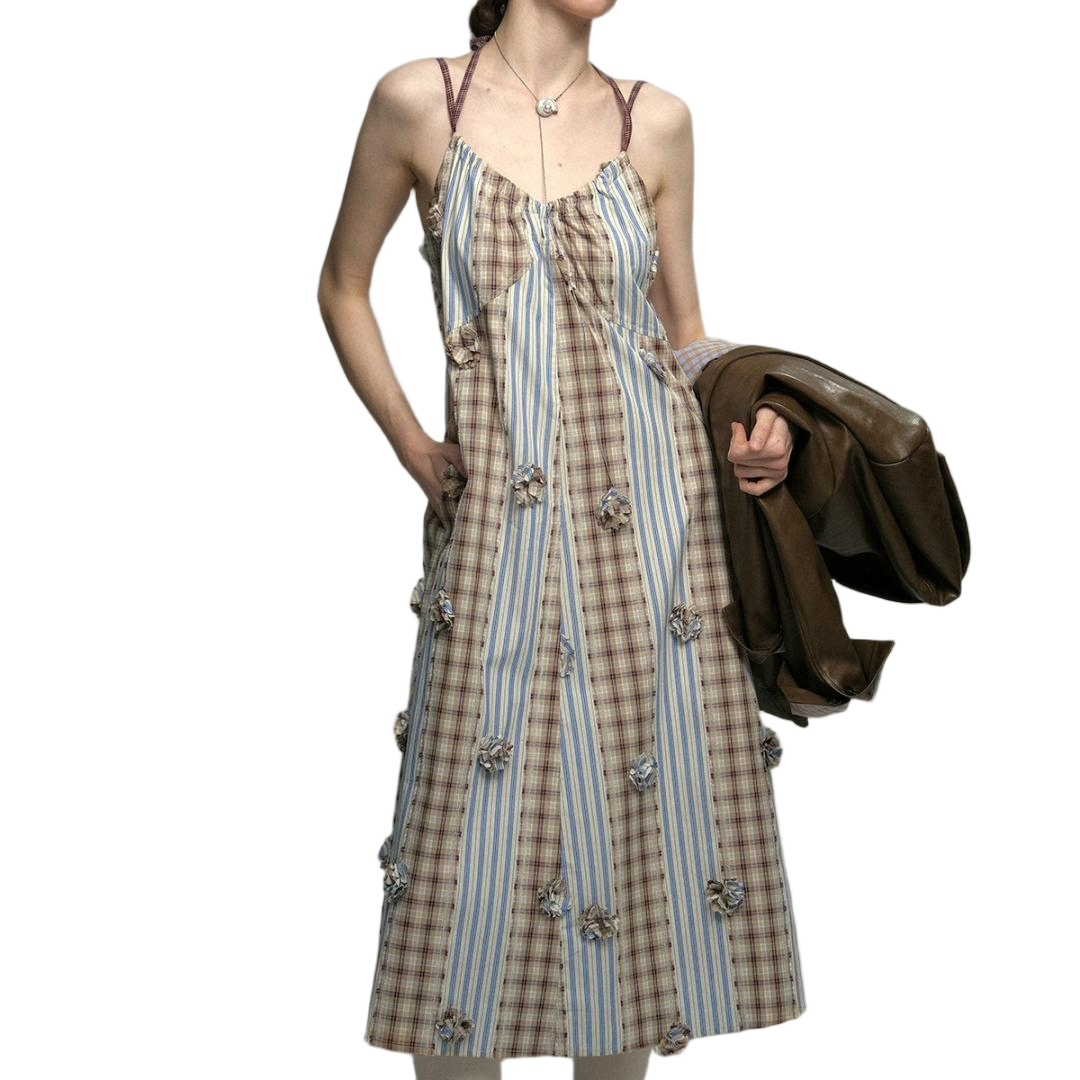 Floral Appliqué Gingham Tiered Slip Dress - view 4