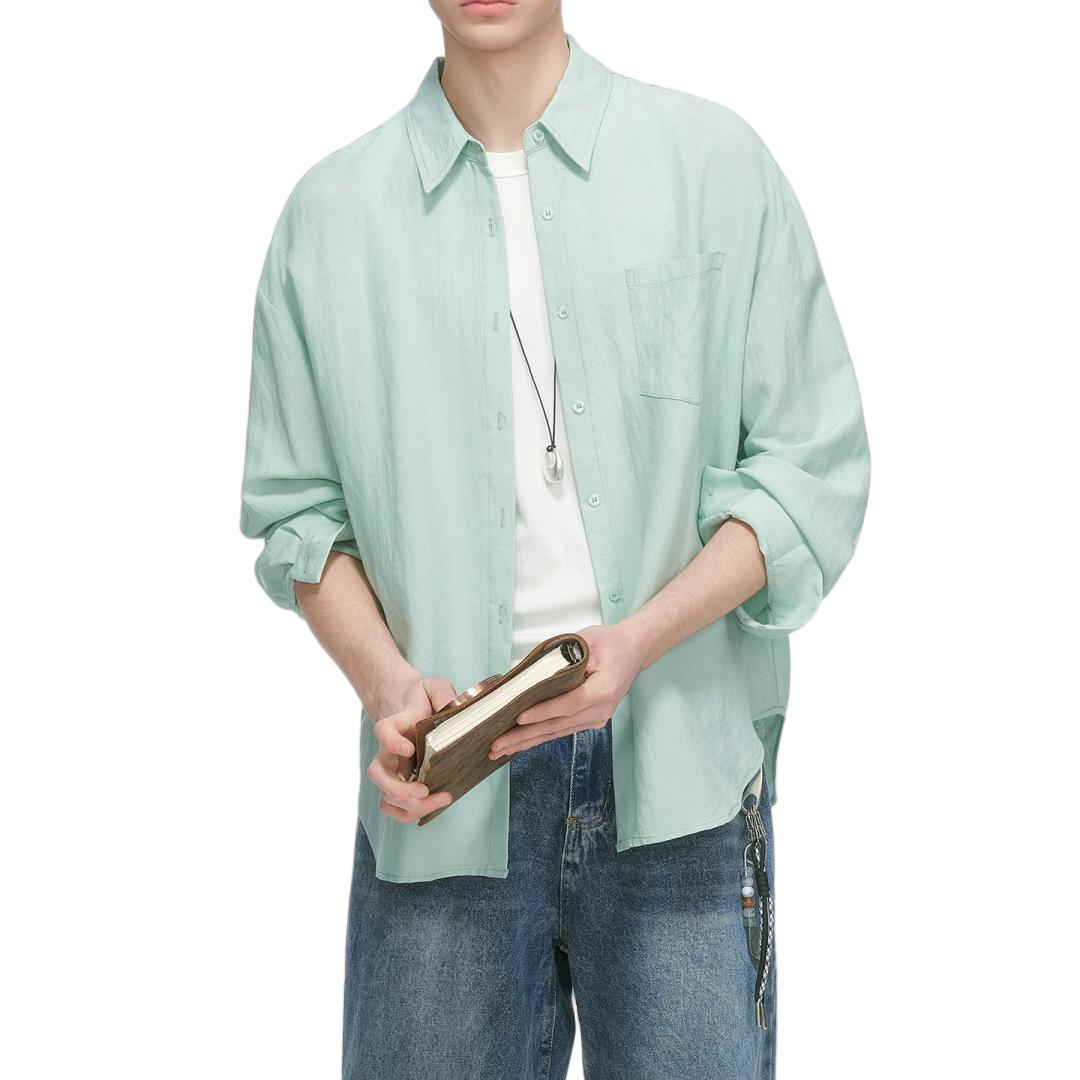 Mint Green Linen Blend Relaxed Button Down Shirt - view 4