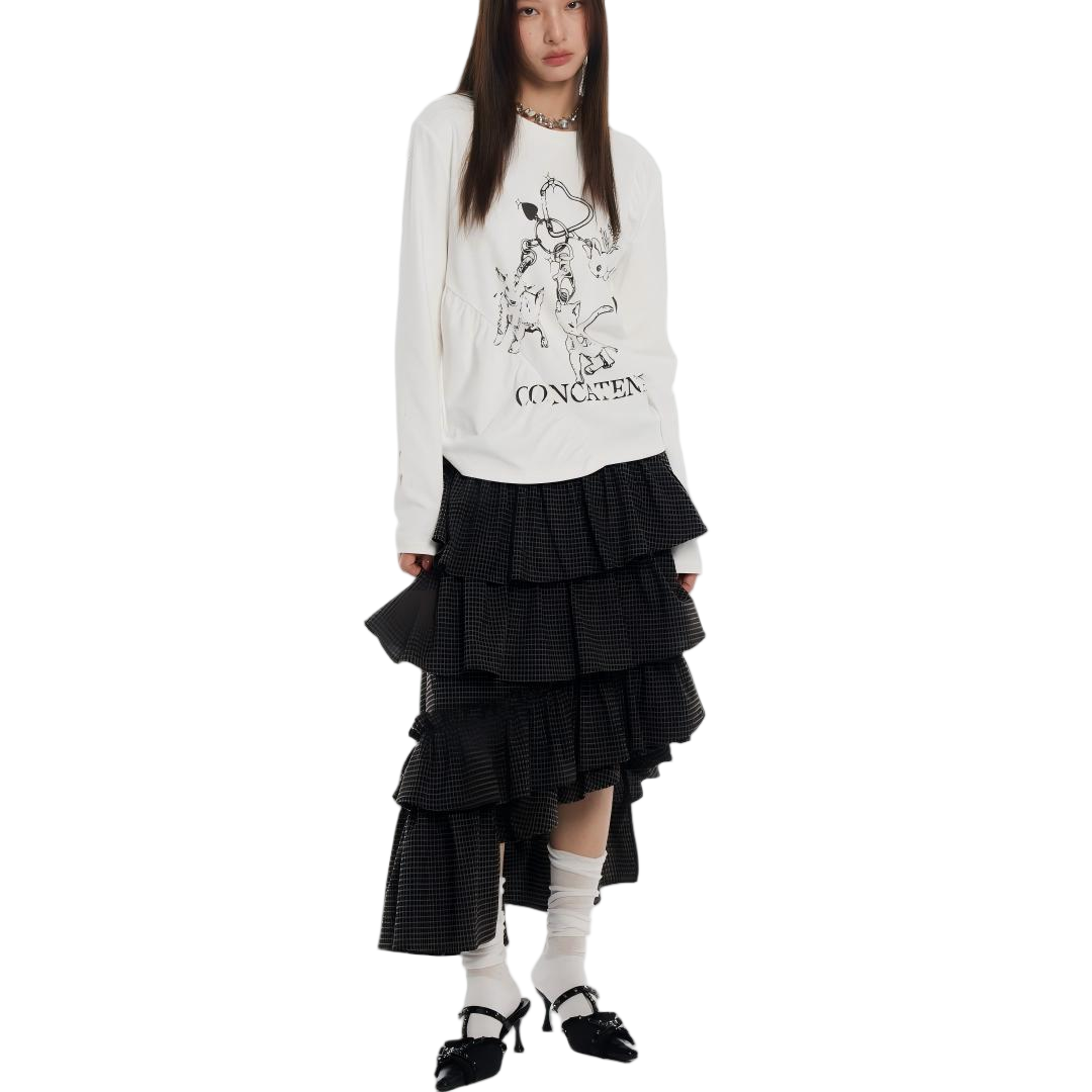 Vintage Plaid Asymmetric Hem Tiered Midi Skirt - view 4
