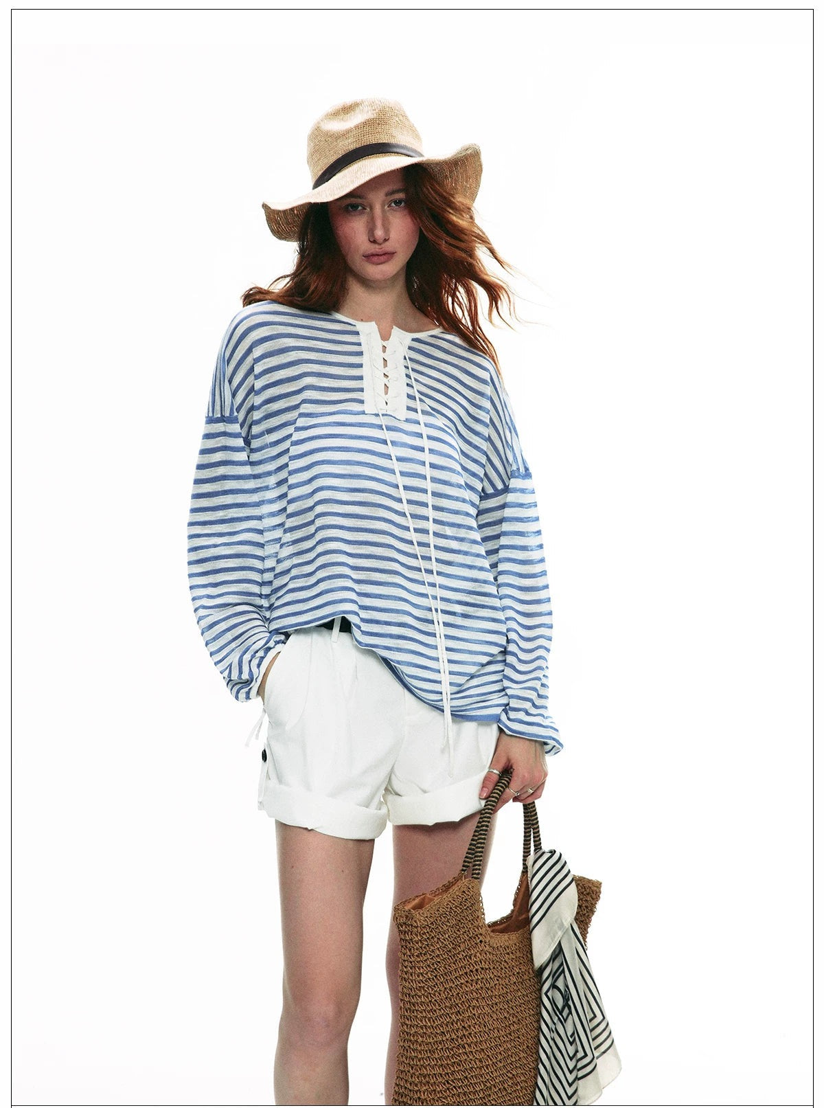 Striped V Neck Knit Top blue with straw hat