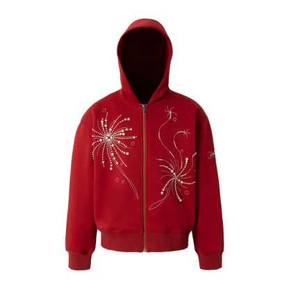 Pearl Embroidered Zip Hoodie red product flat