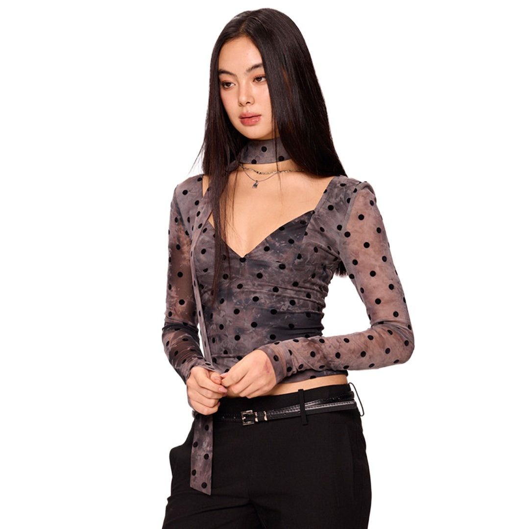 Polka Dot V-Neck Long Sleeve Top