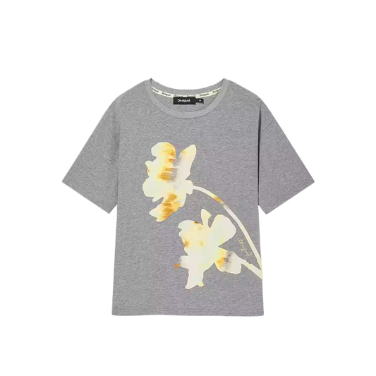 Gray Floral Applique Casual Slim T-Shirt