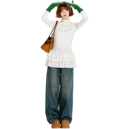 Rib-Knit Layered Ruffle High Neck Long Sleeve T-Shirt - view 2
