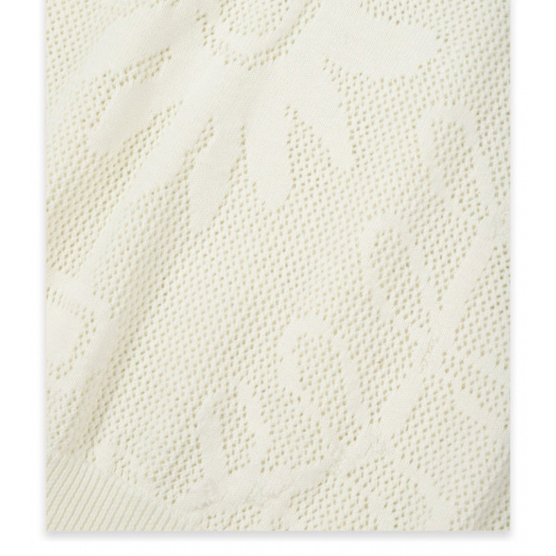 Lace-Knit Jacquard Polo Knit Top