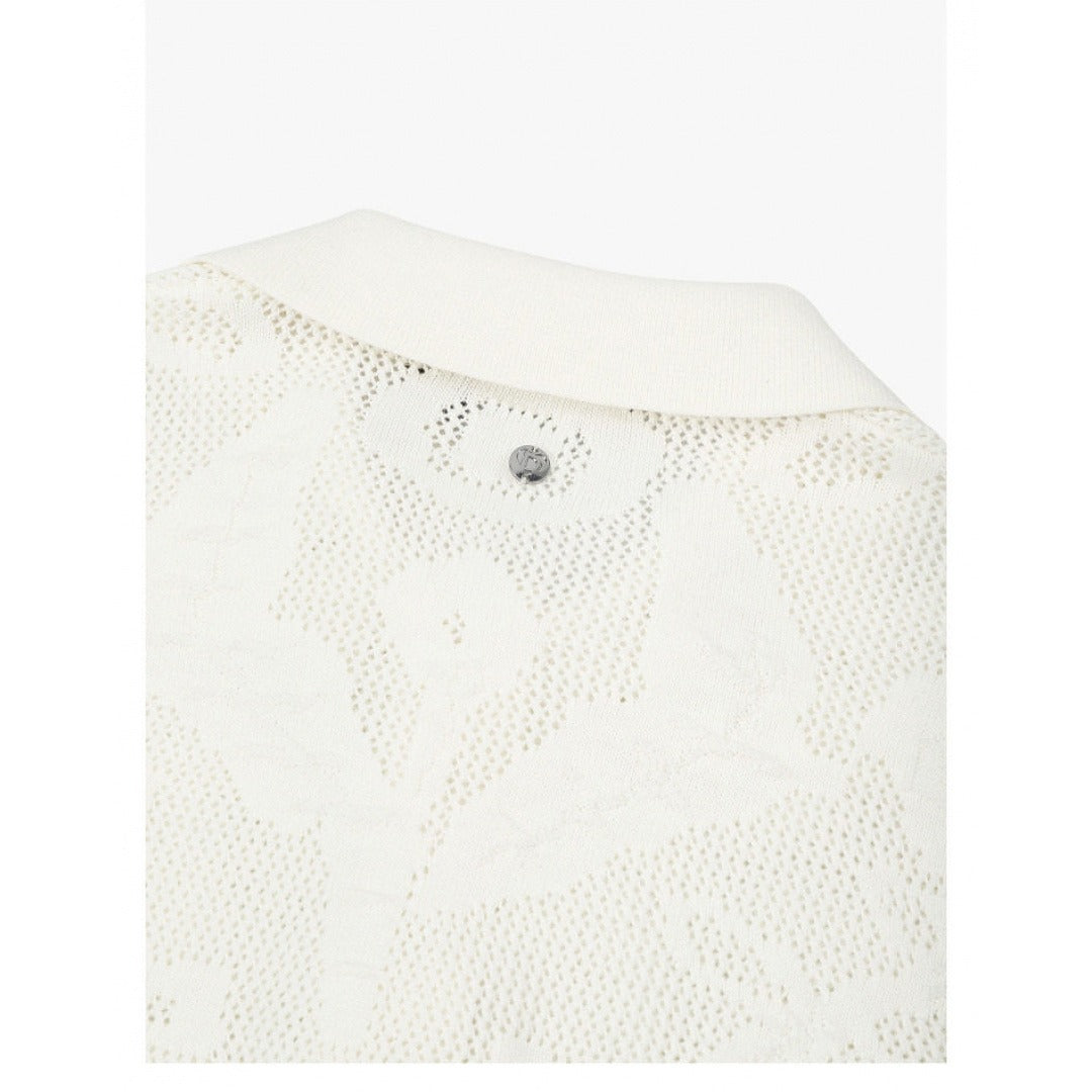 Lace-Knit Jacquard Polo Knit Top