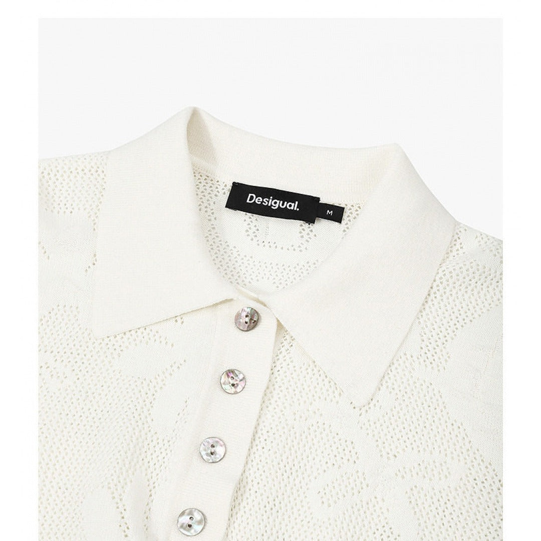 Lace-Knit Jacquard Polo Knit Top
