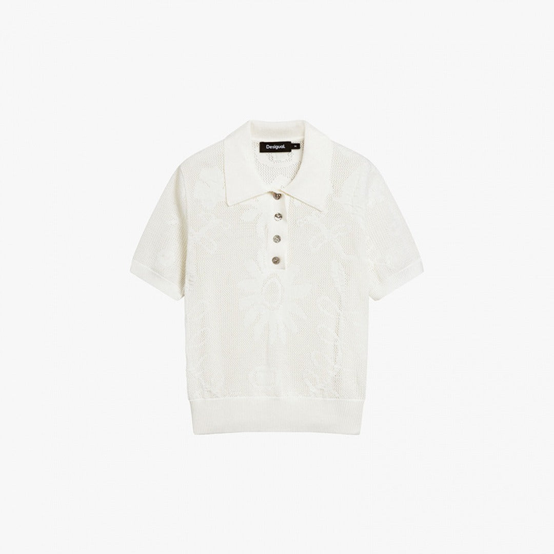 Lace-Knit Jacquard Polo Knit Top