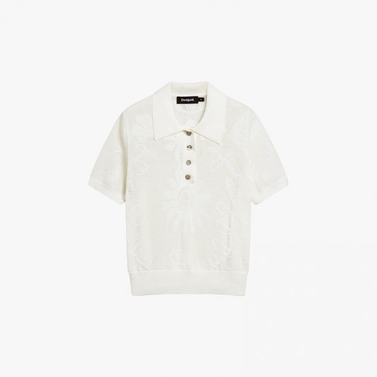 Lace-Knit Jacquard Polo Knit Top