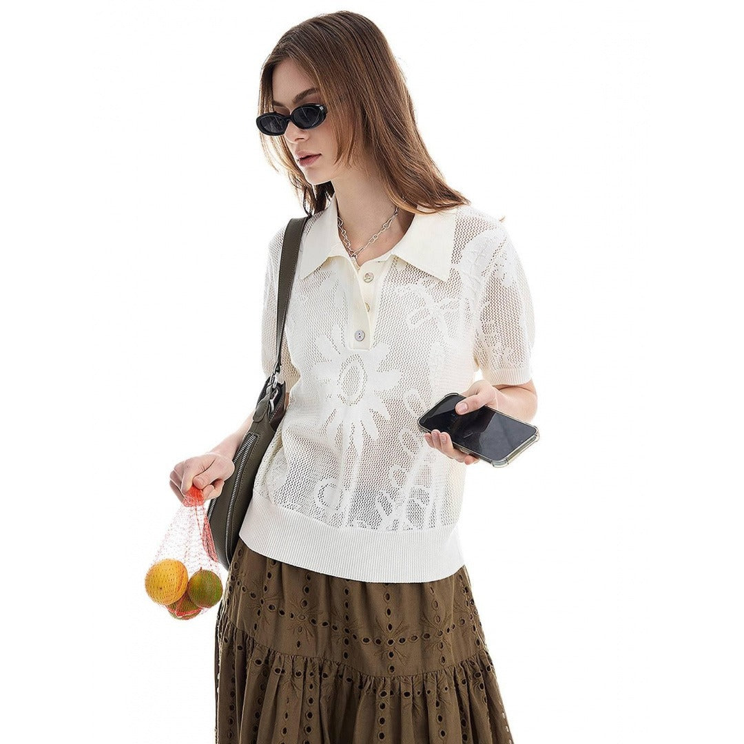Lace-Knit Jacquard Polo Knit Top