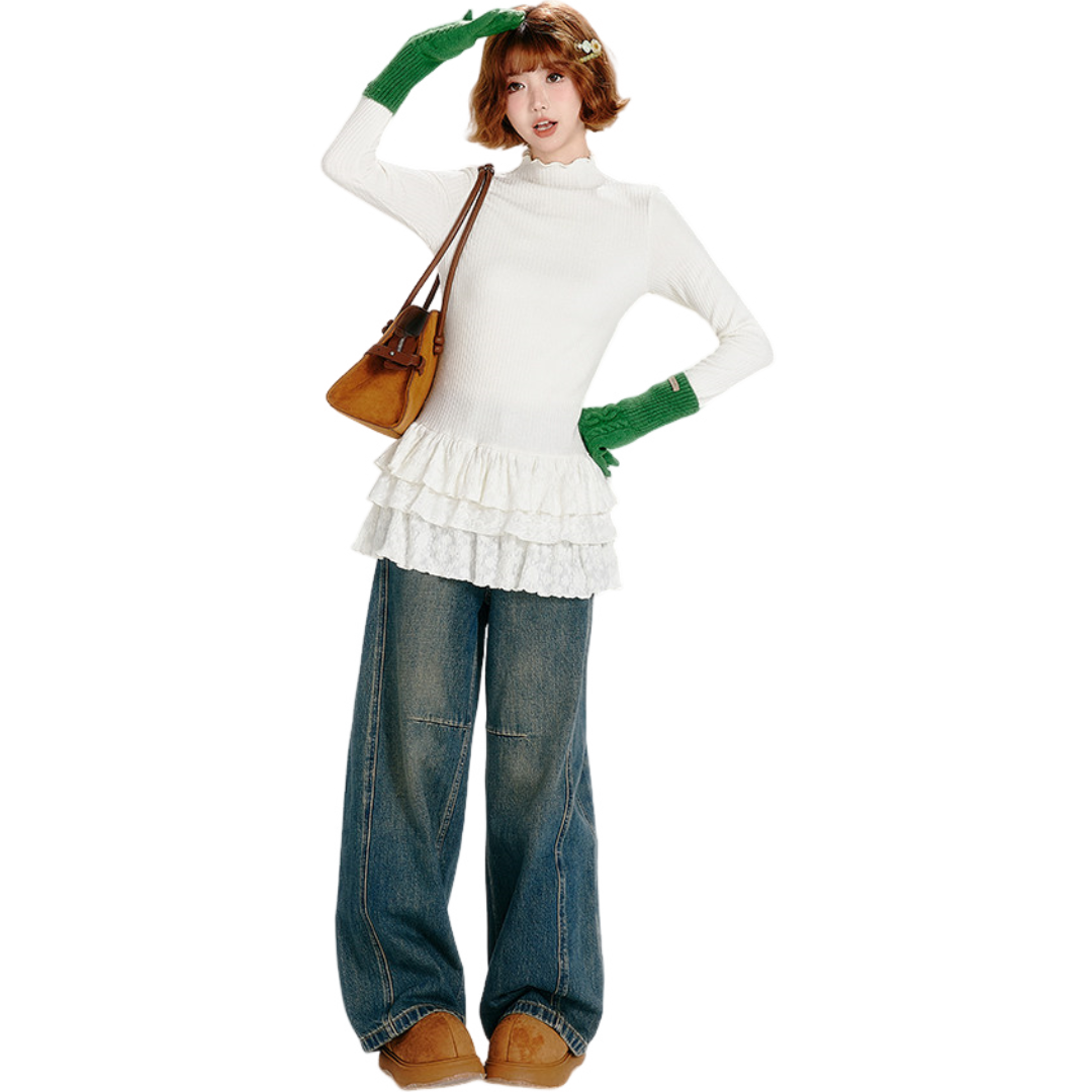 Rib-Knit Layered Ruffle High Neck Long Sleeve T-Shirt - view 3