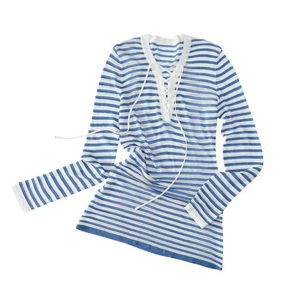 Striped V Neck Knit Top blue fitted flat lay