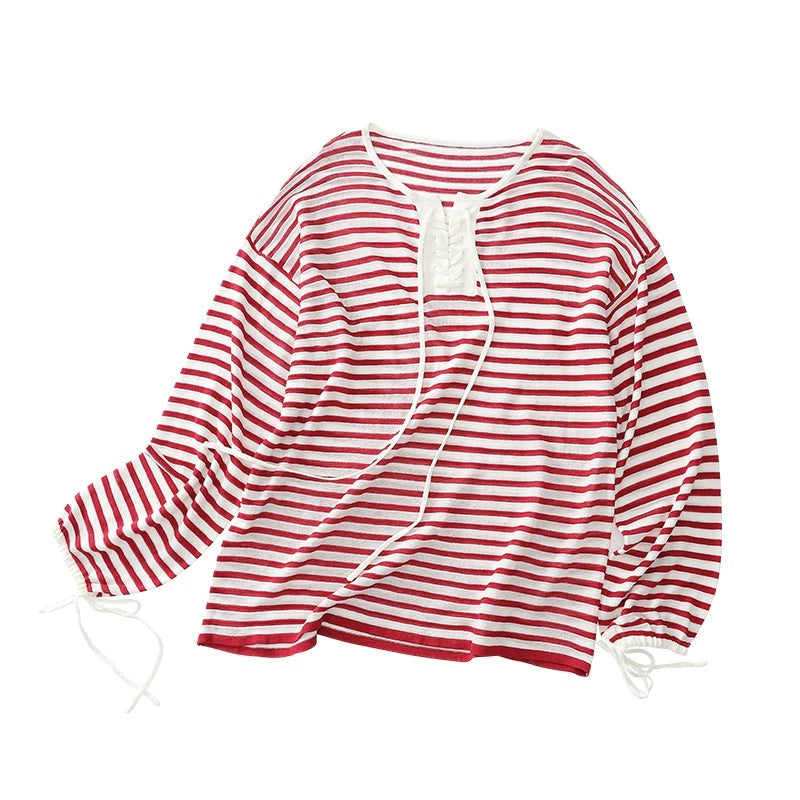 Striped V Neck Knit Top burgundy flat lay