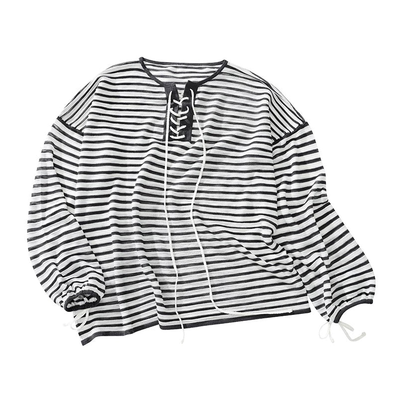 Striped V Neck Knit Top dark grey flat lay