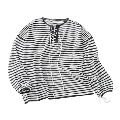 Striped V Neck Knit Top dark grey flat lay