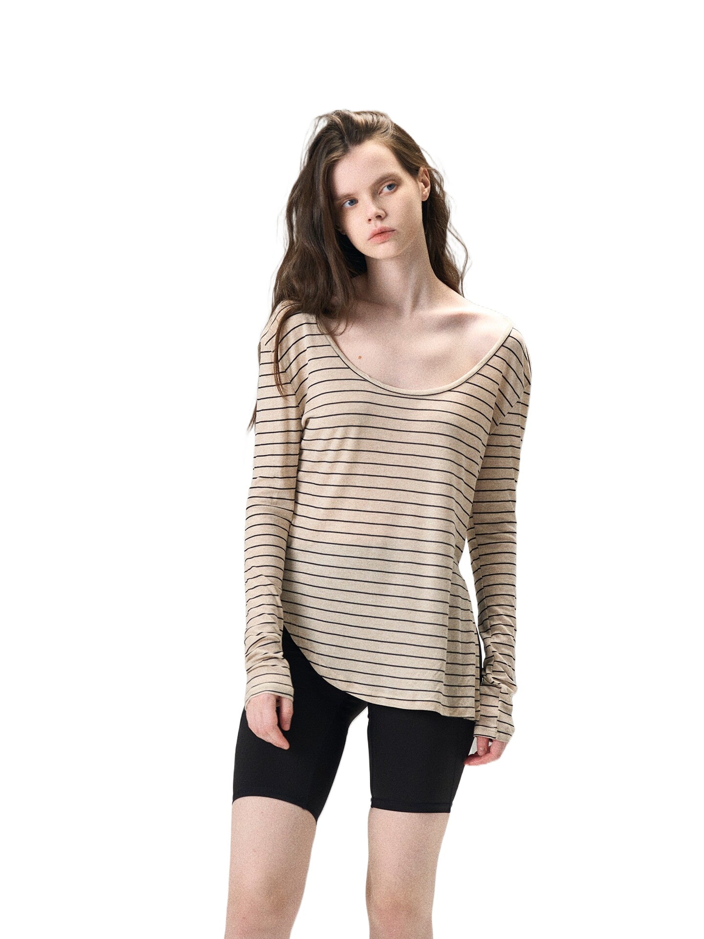 Tencel Wool Striped U-Neck Tee