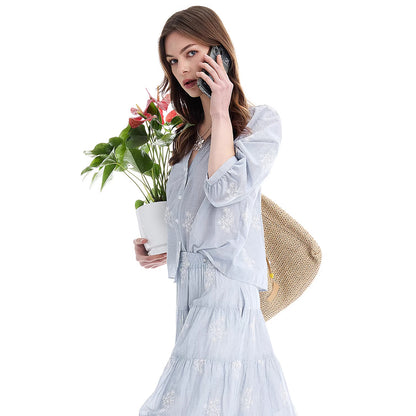 Striped Smock-Neck Puff Sleeve Blouse - view 3