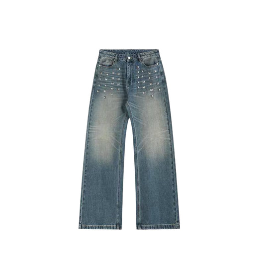 Square Stud Trim Straight Leg Jeans