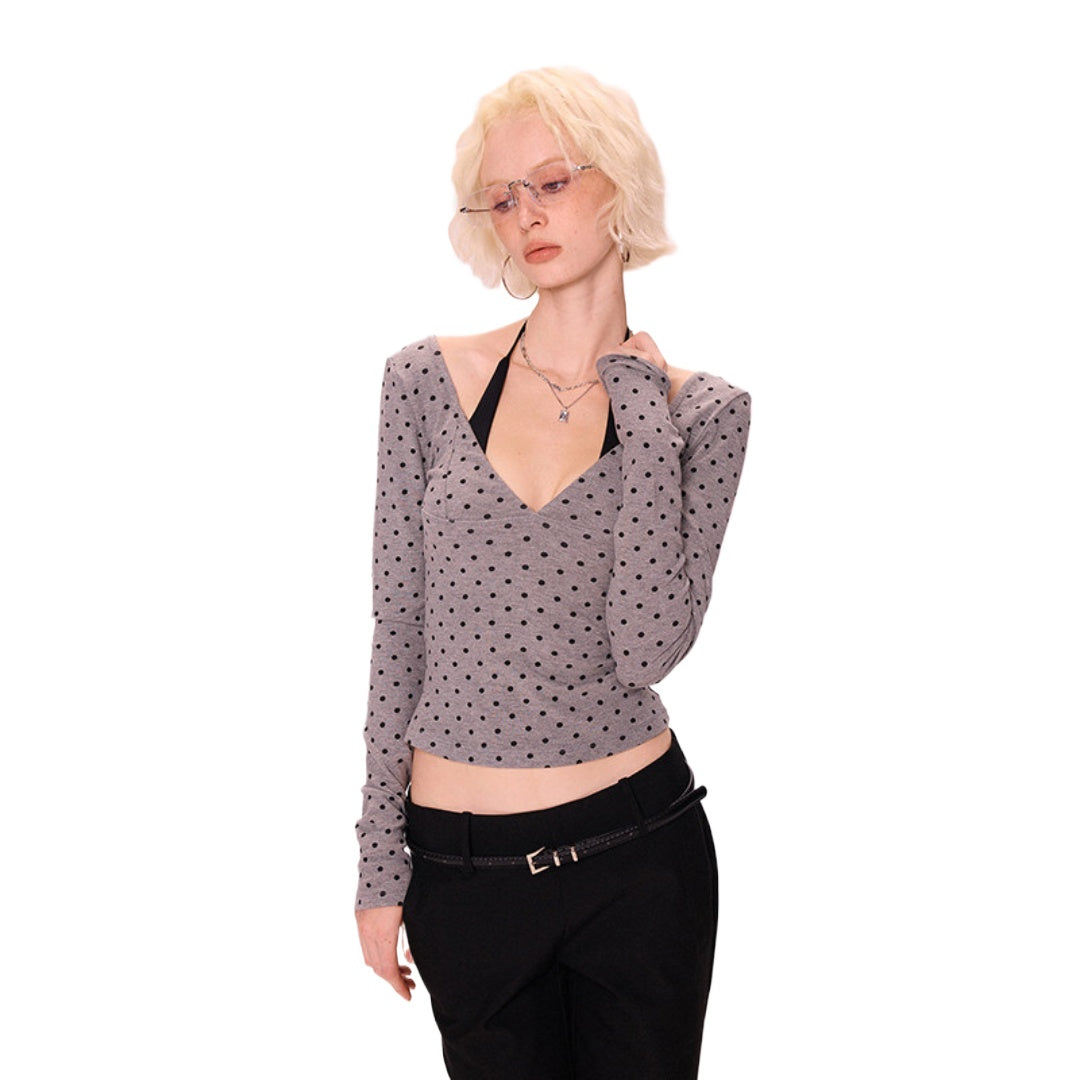 V-Neck Polka Dot Long Sleeve Top