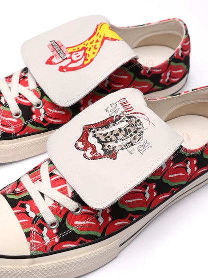 70s All-Over Tongue Print Low-Top Sneakers — printed tongue and upper, close-up