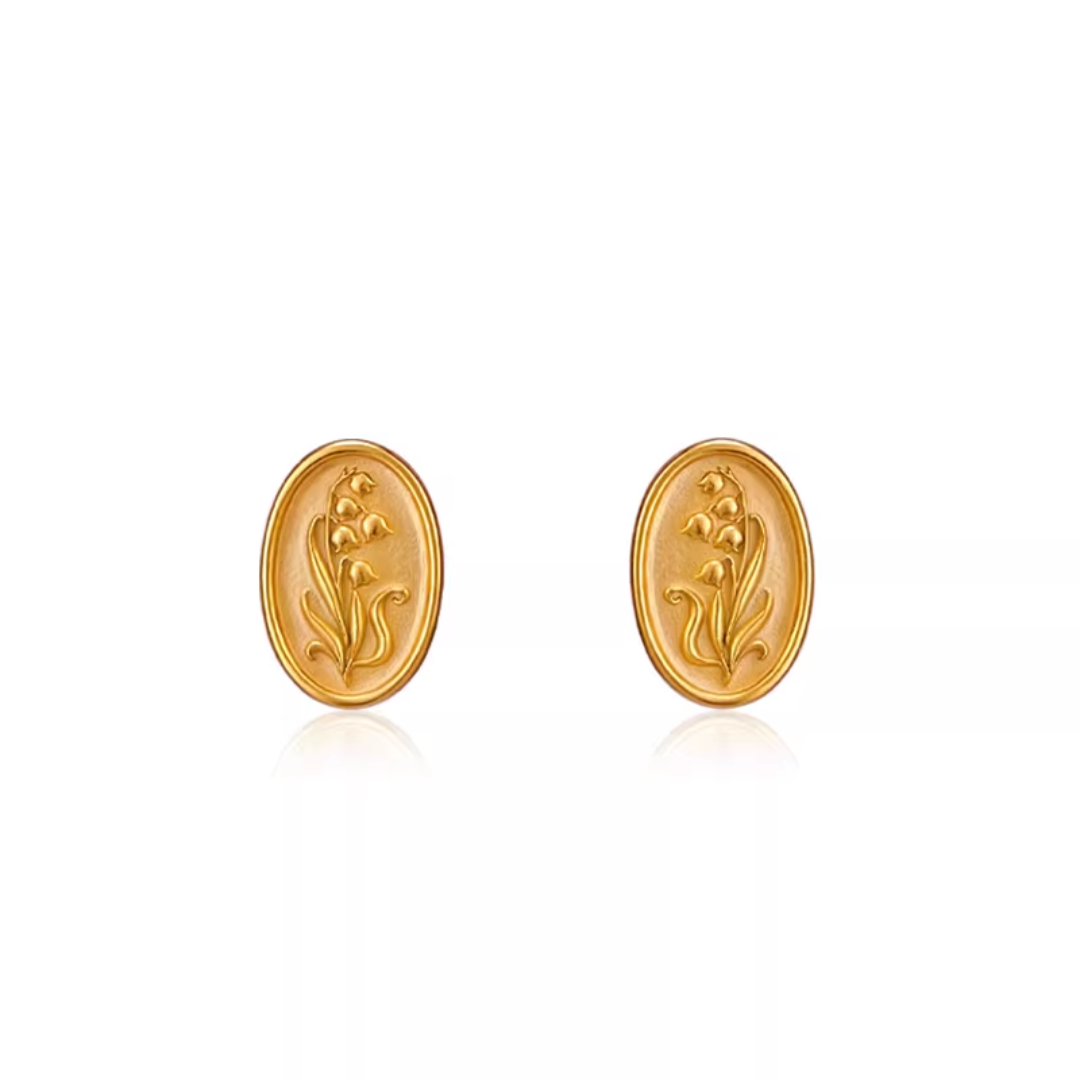 Oval Retro Relief Jewelry Set: Ring & Stud Earrings