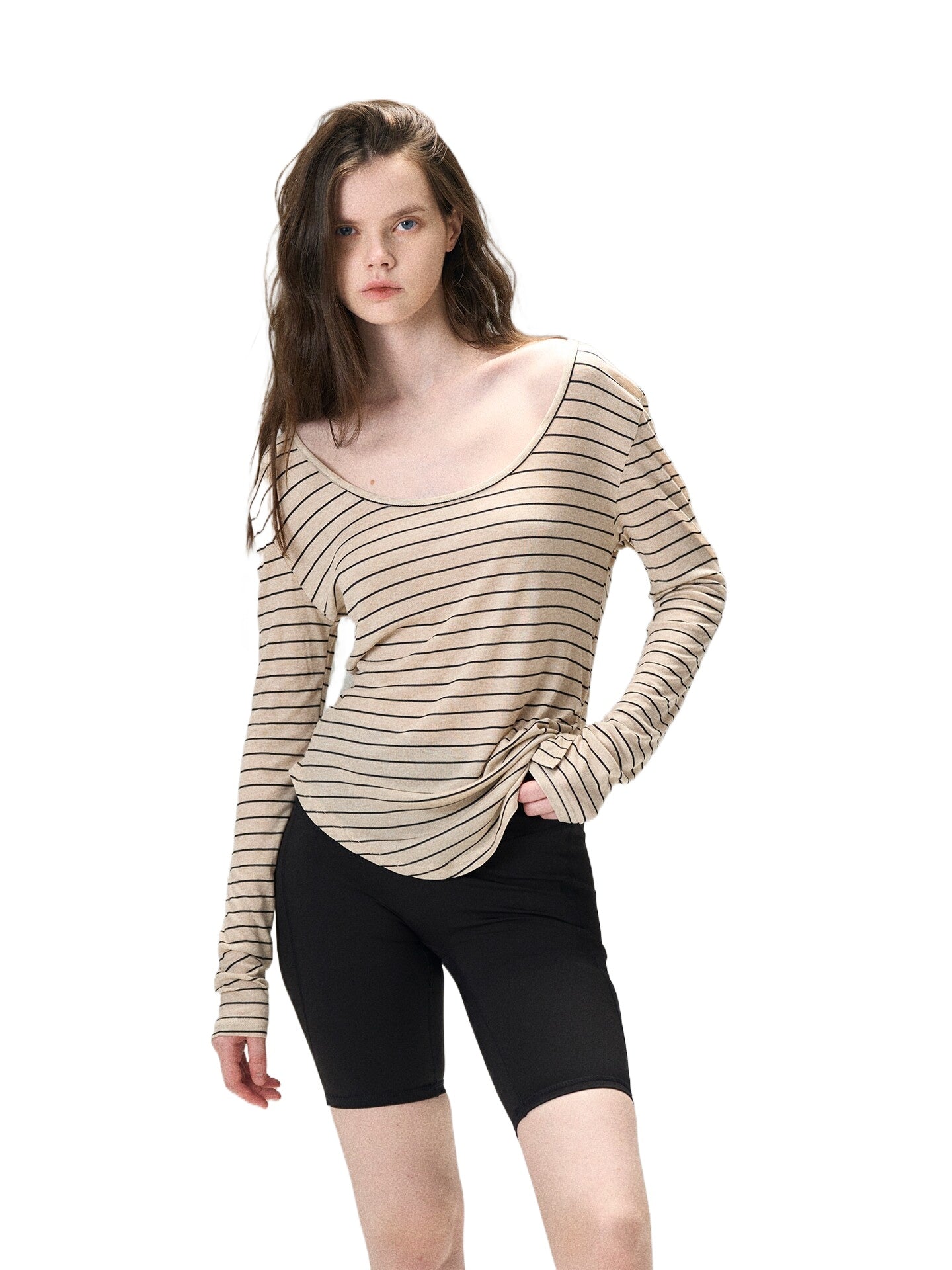 Tencel Wool Striped U-Neck Tee