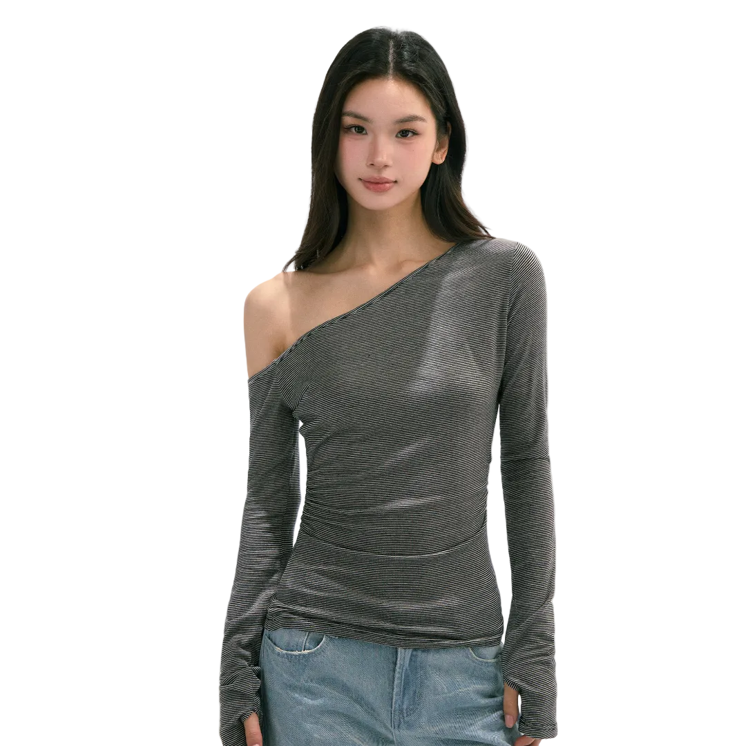 Asymmetric Slanted Shoulder Long-Sleeve Top
