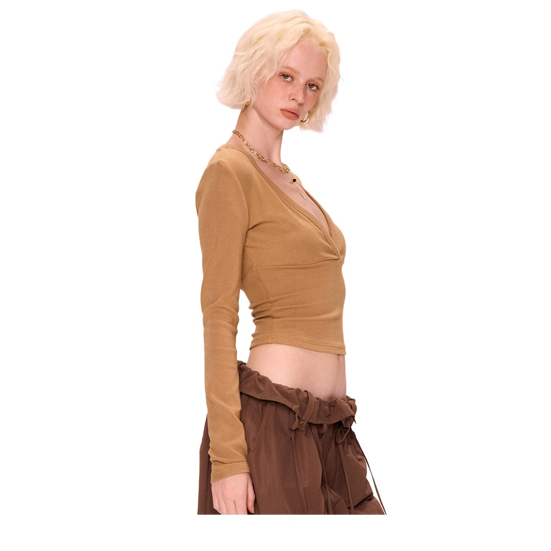 V-Neck Cropped Long Sleeve Knit Top