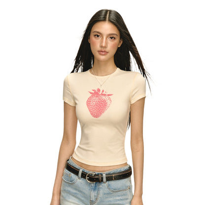 Kurzarm-T-Shirt mit Rundhalsausschnitt und Erdbeer-Print