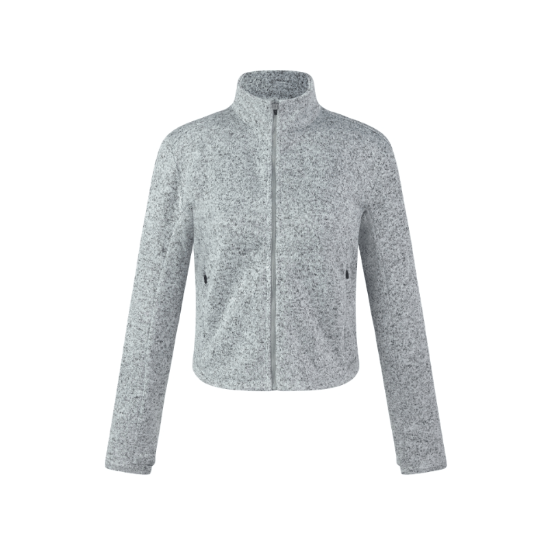 women's Flower grey fleece jacket - premium lightweight zip up high collar casual