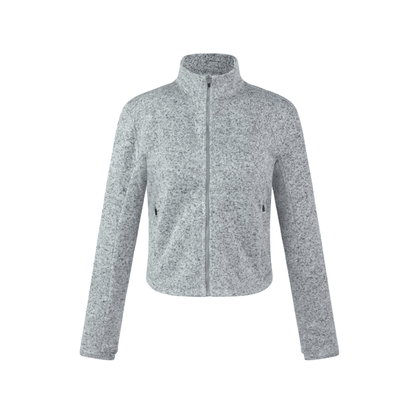 women's Flower grey fleece jacket - premium lightweight zip up high collar casual