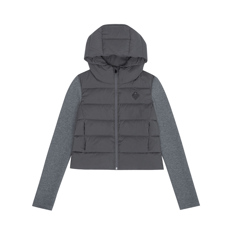  women's grey down jacket - knit paneled ultra light hooded puffer winter coat