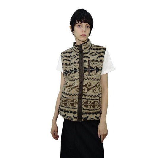 Men's women's Khaki vest - retro lamb wool gilet sleeveless zip up high collar layering