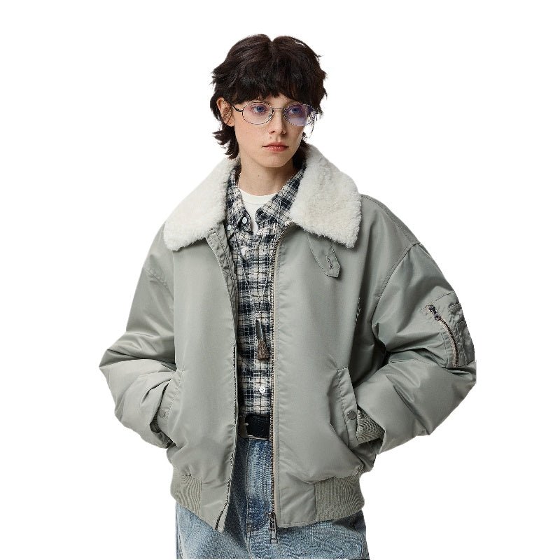 Men's women's Light grayish green bomber jacket - winter short boxy shearling collar aviator coat casual style