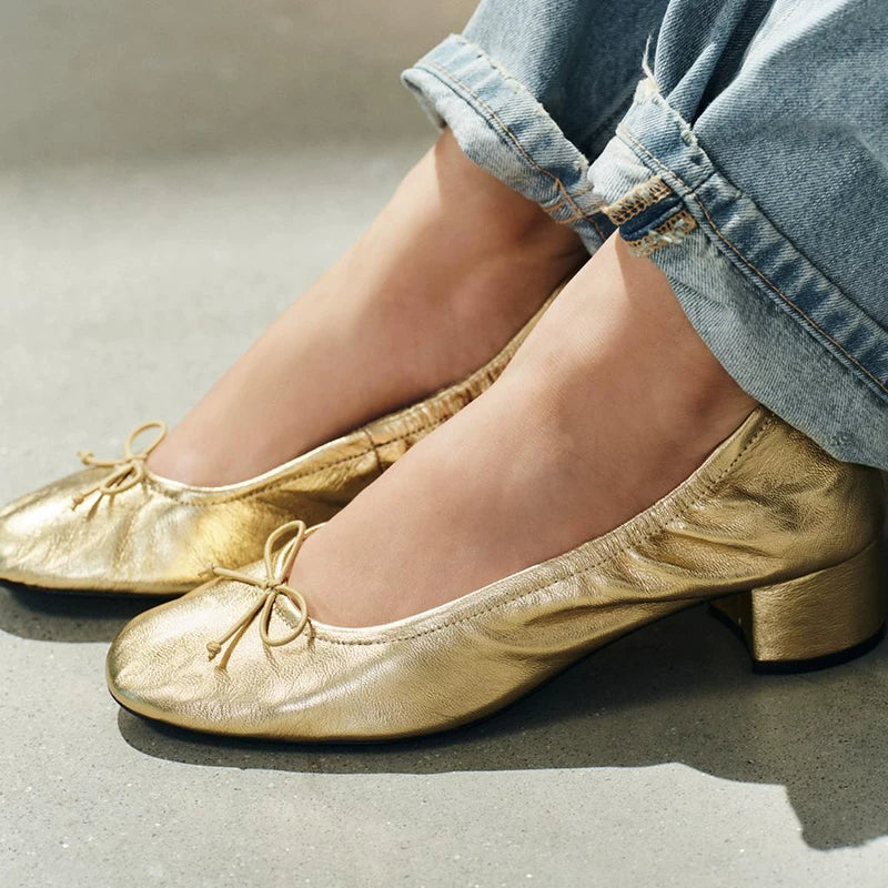 Women's Ruched Bow Block Heel Mary Jane Shoes