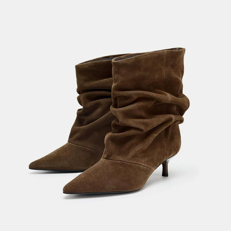 Women's Ruched Pointed Toe Kitten Heel Ankle Boots