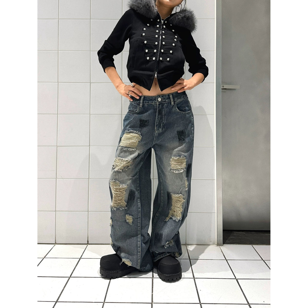 Distressed Wide-Leg Jeans