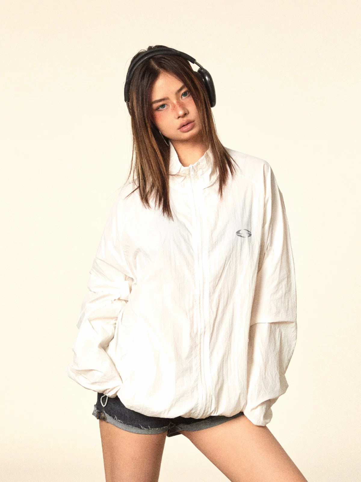 Crinkled Stand Collar Zip Jacket