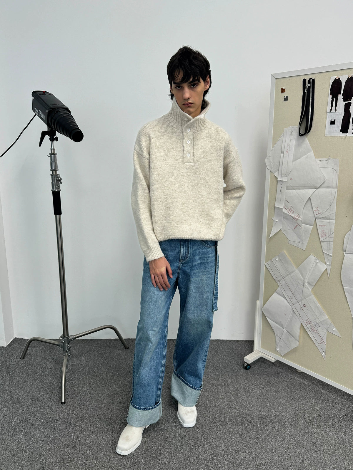 Wool-Blend Half-Button Mock Neck Sweater